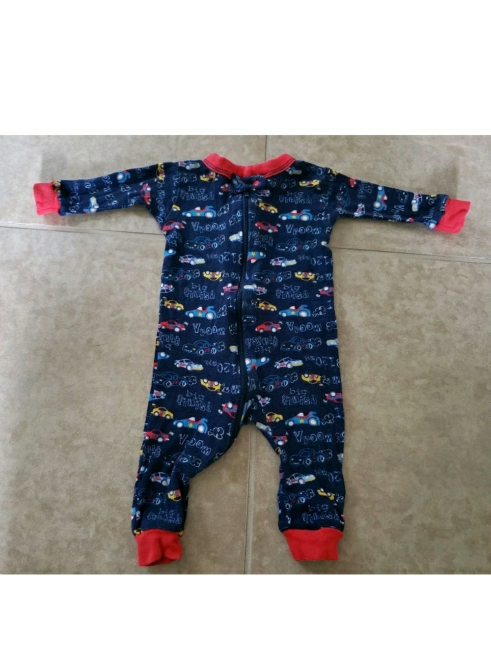 Vintage GERBER Navy Car Print Zippered One-Piece Pajamas - Red Trim FOOTLESS 6-9